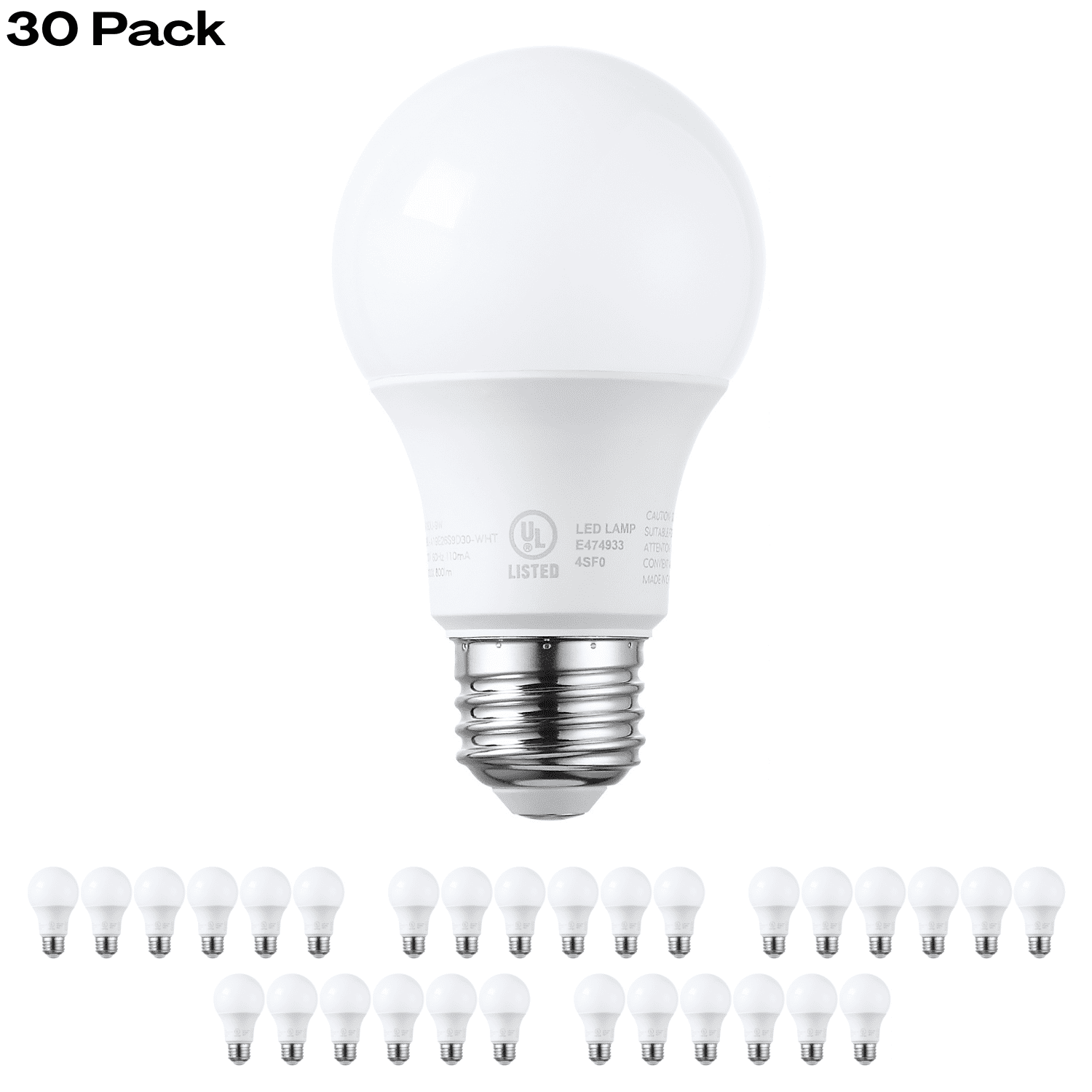 30 Pack A19 LED Light Bulbs 60W Equivalent, UL Listed, Dimmable, E26 Standard Base, Flicker Free