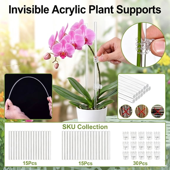 30 Pack Acrylic Transparent Plant Support Stakes 15.75in with Clips Clear Stem Rods for Small Potted Seedling Growing