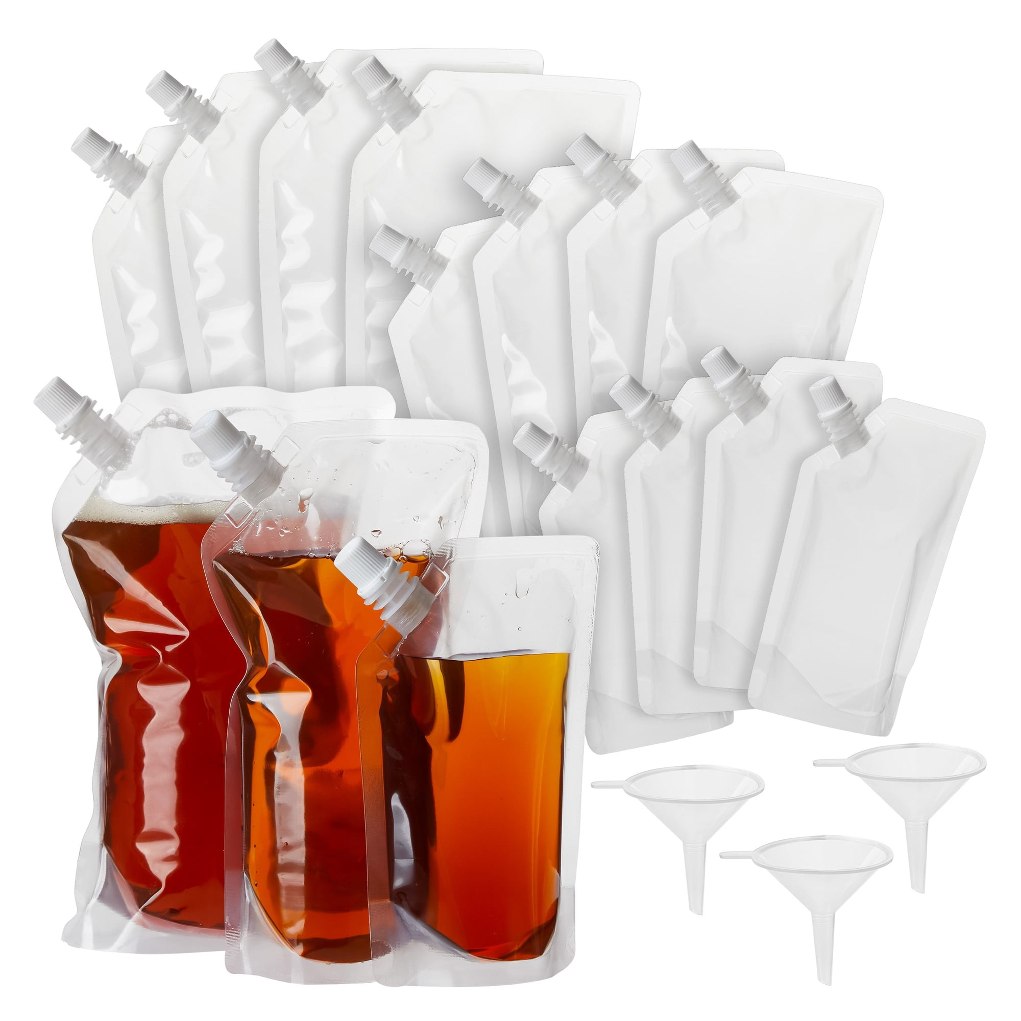 30 Pack Adult Plastic Drink Pouches with Funnels for Juice, Soda, Liquor (8, 16, 32 Ounces