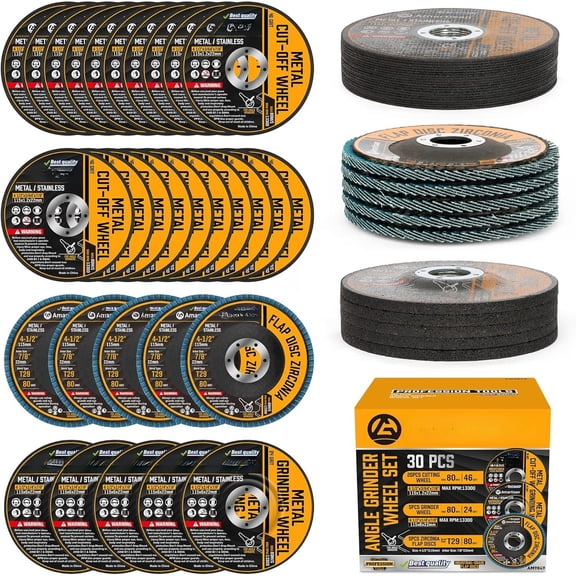 30-Pack Angle Wheels & Flap Discs 4-1/2" Inches - 20 Pack 4.5"x1/4"x7/8" Cut off Wheels, 5 Pack 4.5"x7/8" 80 Grit Flap Discs, 5 Pack 4.5"x3/64"x7/8" Grinding Wheels