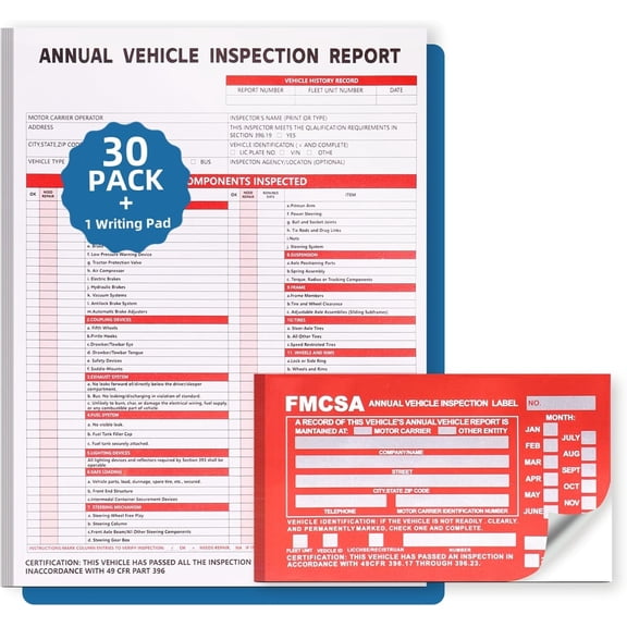 30-Pack Annual Vehicle Inspection Report Form, 3-Ply Carbonless Form and Hardboard, Includes 30-Pk Red FMCSA DOT Permanent Aluminum Adhesive Stickers, DOT Compliant