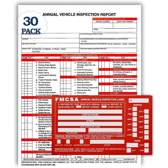 30-Pack Annual Vehicle Inspection Report Form Kit,3-Ply Carbonless Form | 8.2" x 11.5",3-Ply NCR Form (30)+High-Visibility Adhesive FMCSA Labels(30),for Trucks&Fleet Management|Supports 49 CFR396.17