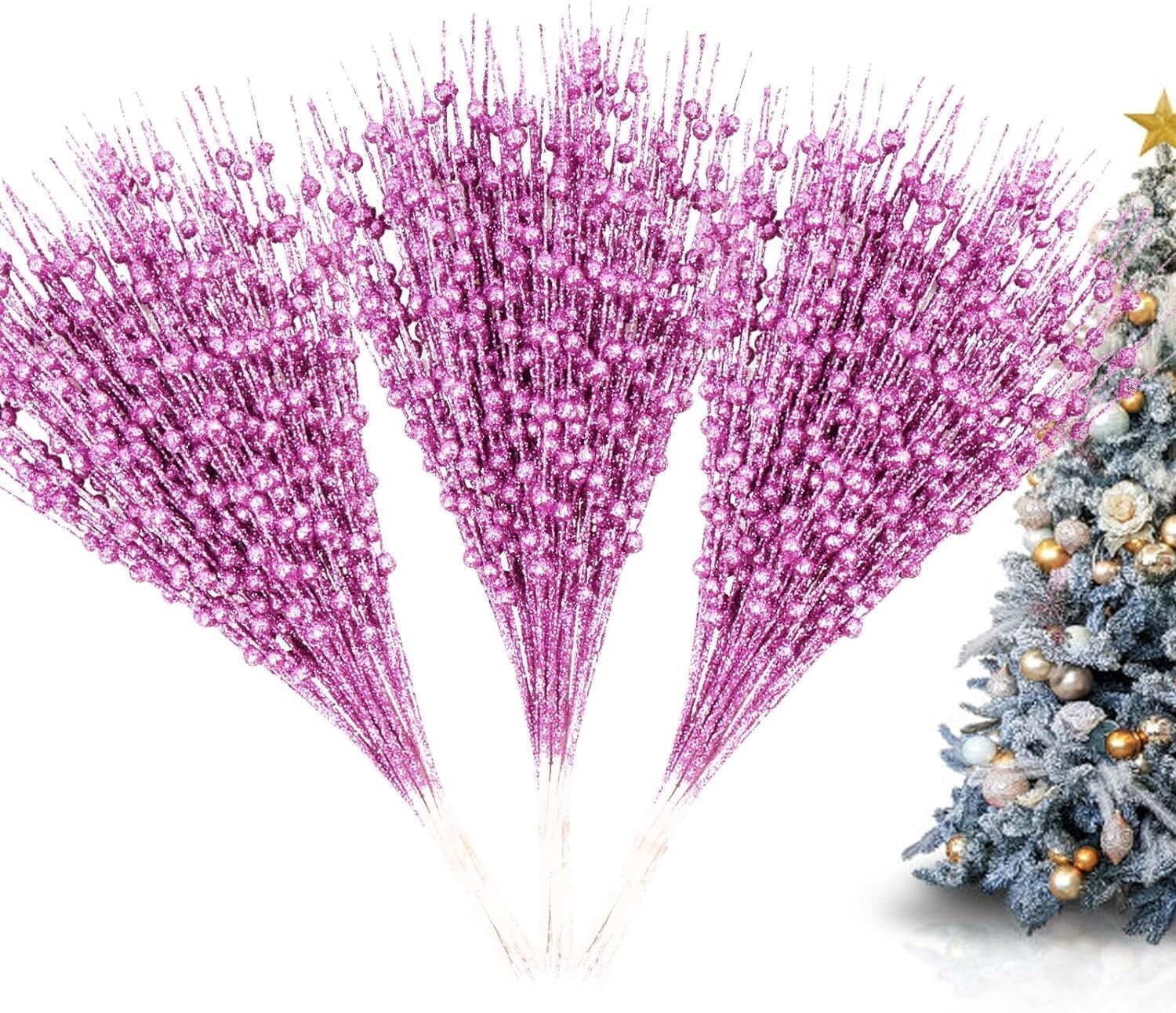 30 Pack Christmas Tree Berry Stem, Decorative Bead Sticks, Glittery Twigs, Picks, Branches for Christmas Tree, Small Vase, Holiday, Wedding, Party (17 Inches, Purple)