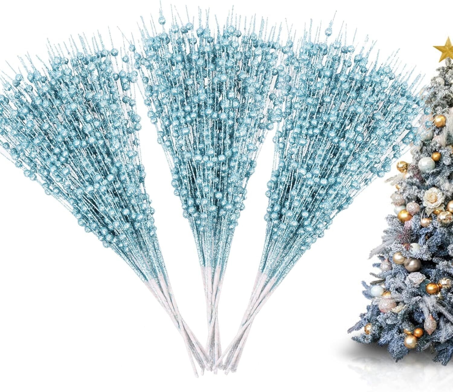 30 Pack Artificial Glitter Berry Stem Ornaments 15.7in Decorative Christmas Picks Glittery Bead Sticks Branches for Christmas Tree Decor DIY Wreath Crafts Home Decor (Lake Blue)