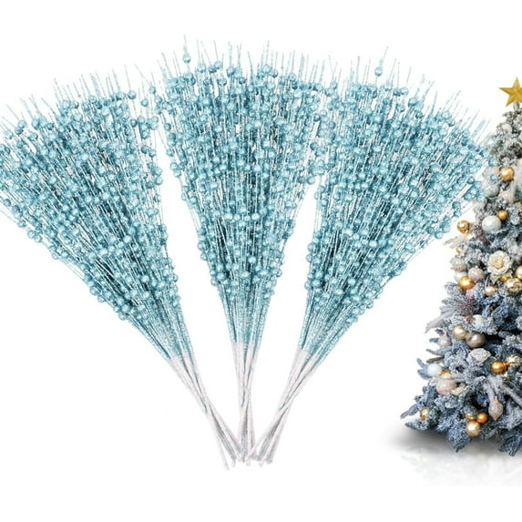 30 Pack Artificial Glitter Berry Stem Ornaments 15.7in Decorative Christmas Picks Glittery Bead Sticks Branches for Christmas Tree Decor DIY Wreath Crafts Home Decor (Lake Blue)