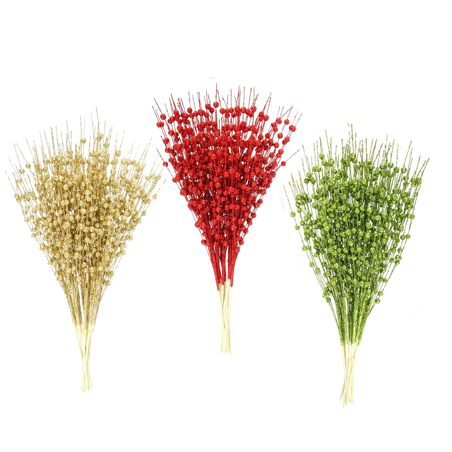 30 Pack Artificial Glitter Berry Stem Ornaments 20in Decorative Christmas Picks Glittery Bead Sticks Branches for Christmas Tree Decor DIY Wreath Crafts Home Decor (Gold Red Green)