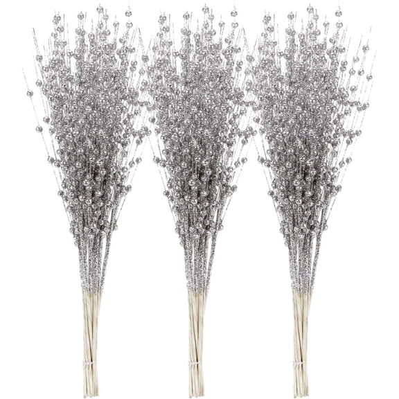 30 Pack Artificial Glitter Berry Stem Ornaments, Decorative Bead Sticks, Glittery Twigs, Picks, Branches for Christmas Tree, Small Vase, Holiday, Wedding, Party (20 Inches, Silver)