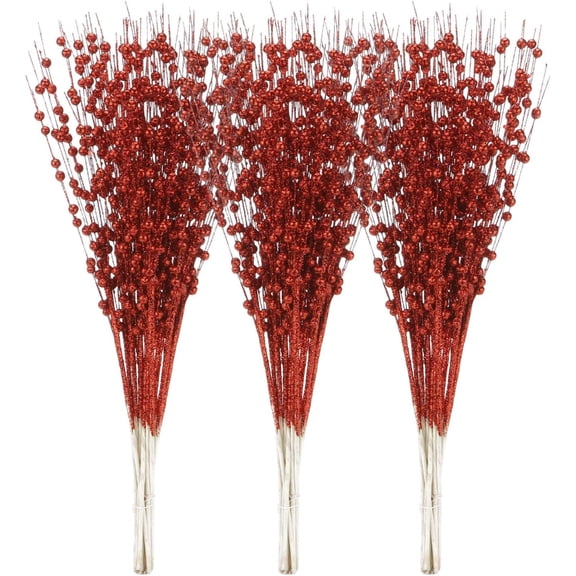 30 Pack Artificial Glitter Berry Stem Ornaments, Decorative Bead Sticks, Glittery Twigs, Picks, Branches for Christmas Tree, Small Vase, Holiday, Wedding, Party (20 Inches, Red)