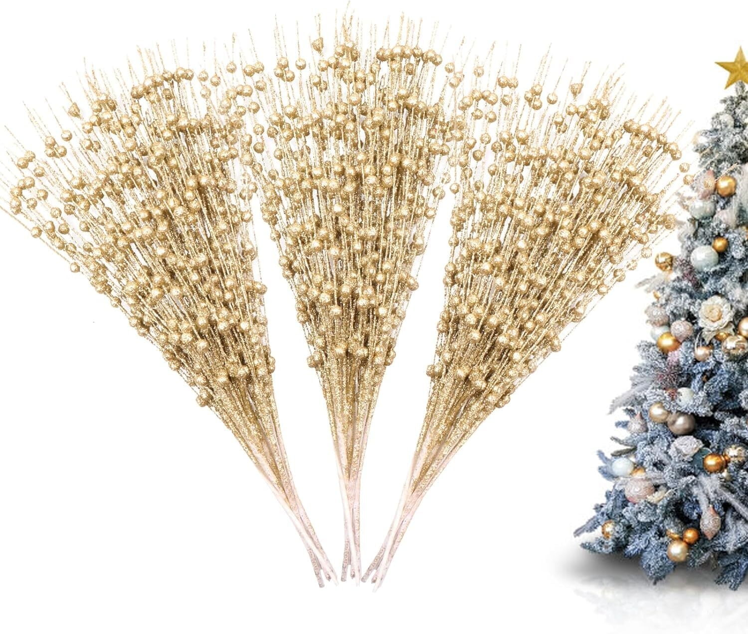 30 Pack Artificial Glitter Berry Stems, 15.7 Inch Artificial Christmas Tree Picks, Decorative Glitter Berry Long Stems, for Christmas Tree DIY Wreath Crafts Holiday Home Decor(Gold)