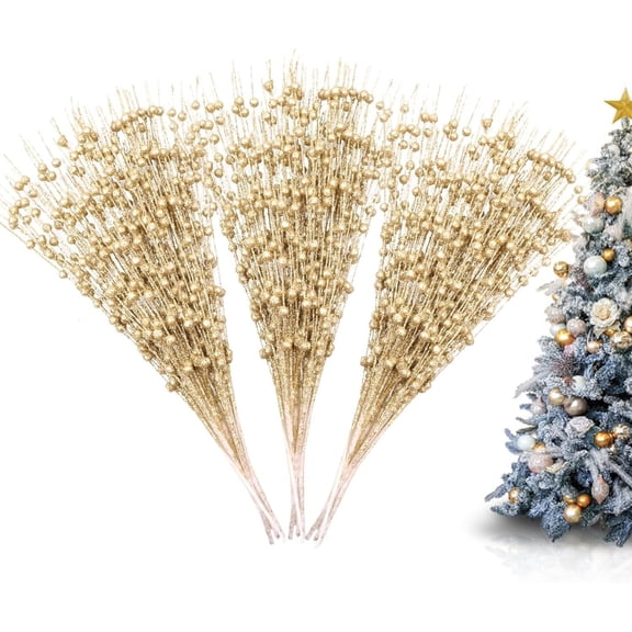 30 Pack Artificial Glitter Berry Stems, 15.7 Inch Artificial Christmas Tree Picks, Decorative Glitter Berry Long Stems, for Christmas Tree DIY Wreath Crafts Holiday Home Decor(Gold)
