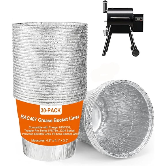 30 Pack BAC407 Grease Bucket Liner for Traeger HDW152 - Bucket Drip Foil Liner Tray Compatible with Traeger Pro Series 575/780, 22/34 Series, Ironwood 650/885 Grills, Pit boss ect.