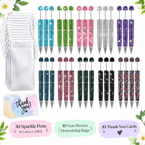 30 Pack Beadable Rhinestone Pen Set, DIY Beaded Twist Ballpoint Pens with Thank You Cards and Storage Bags, Multi-color Bling Bead Pens for Handmade Crafts, Party Favors and Gifts