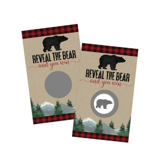 30-Pack Bear Scratch Off Game Cards by Paper Clever Party - Lumberjack Baby Shower, Rustic Prize Raffle Tickets, Red & Black Woodland Party Favors
