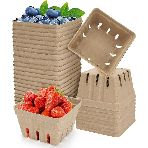 30 Pack Berry Baskets for Farmers' Market, Bulk Pulp Fiber Fruit Containers for Produce (1/2 pint , 4" x 4" x 1.77")