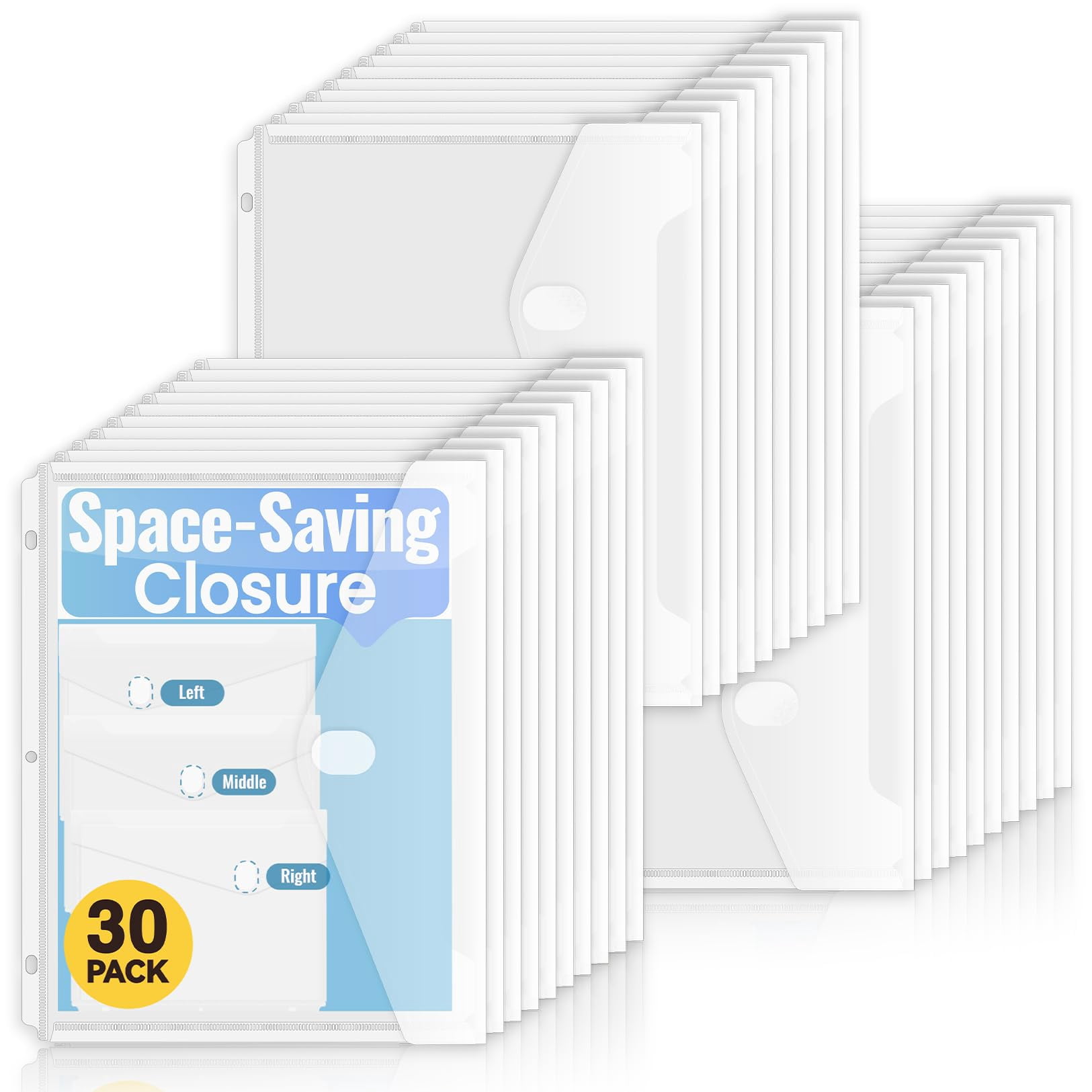 30 Pack Binder Folders with Staggered Closures, High Capacity Side Loading Binder Pockets, Clear Plastic Organizer Dividers for Office Home, Letter Size, Clear