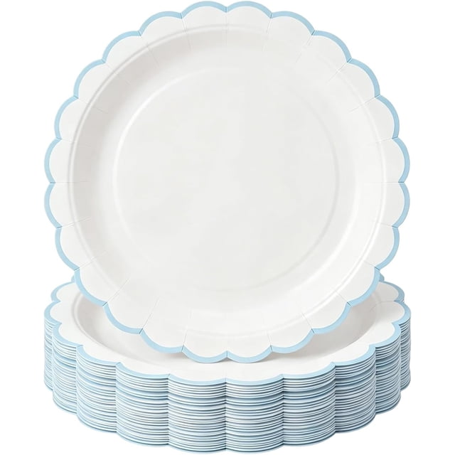 30 Pack Blue and White Paper Plates 7 Inch, Disposable Scalloped Plates ...