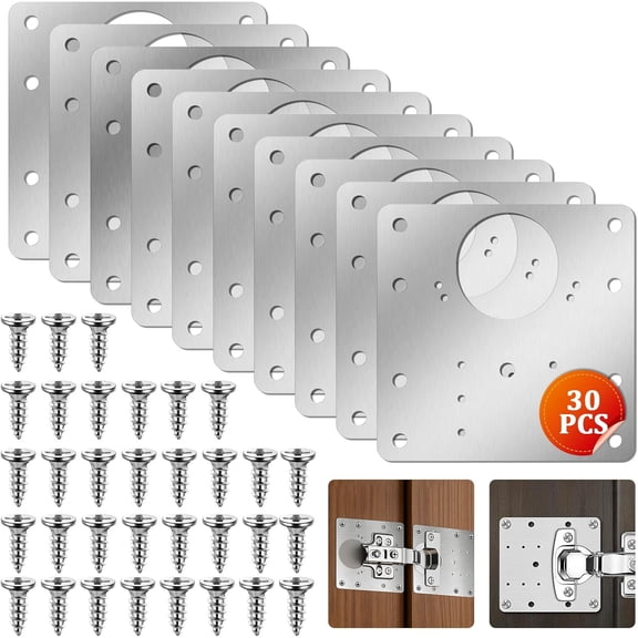 30 Pack Cabinet Hinge Repair Plates, Stainless Steel Hinge Repair Brackets Kit with Screws for Kitchen Cupboard Door, Furniture Fixing Bracket