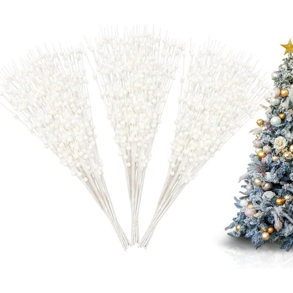 30 Pack Christmas Artificial Glitter Berry Stem Decorations 15.7 in Decorative Bead Sticks Christmas Picks (White)