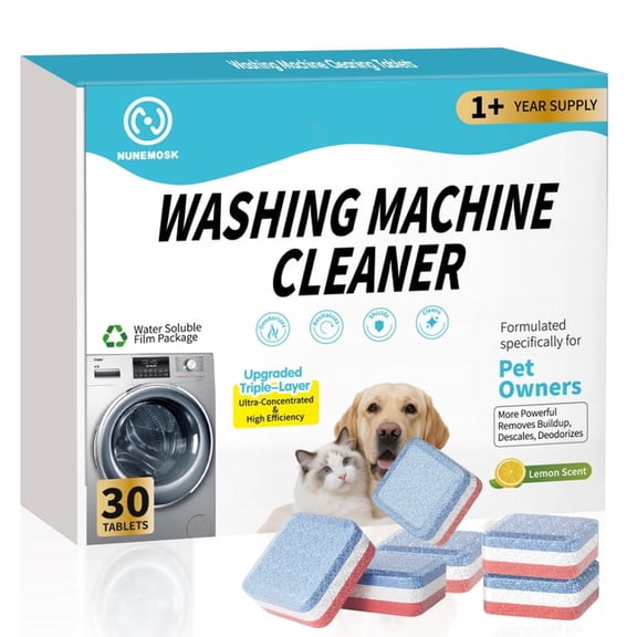 30 Pack Washer Machine Cleaner Tablets Supply, for Pet Owners Washing Machine Cleaner,Compatible with HE,Easily pet hair remover for laundry,Top & Front Load Washer