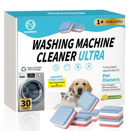 30 Pack Washer Machine Cleaner Tablets Supply, for Pet Owners Washing Machine Cleaner,Compatible with HE,Easily pet hair remover for laundry,Top & Front Load Washer
