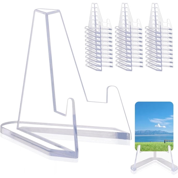 30 Pack Clear Acrylic Display Stands, Mini Easel Holders for Photos, Cards, Collectibles, Small Tabletop Triangle Rack for Home, Office, Craft Fair, and Trade Show Use