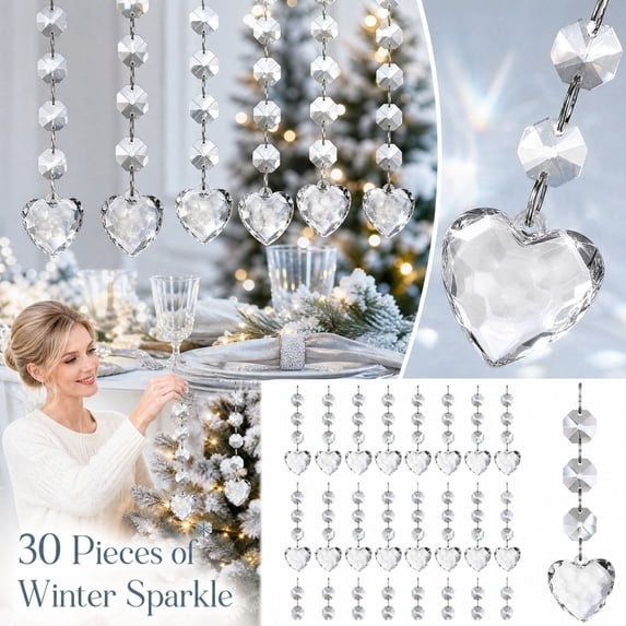 30-Pack Clear Crystal Heart Garland Decorations with Octagon Beads, 4.7 Inches Long, Transparent Acrylic Hanging Ornaments for Valentines Day and Wedding Party