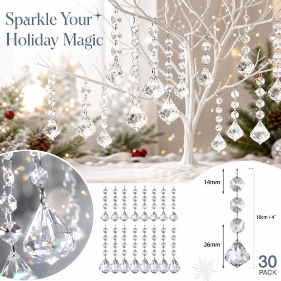 30 Pack Clear Crystal Snowflake Ornaments, Sparkling Acrylic Hanging Decor for Christmas Tree Wedding Party, Holiday Ceiling Decorations
