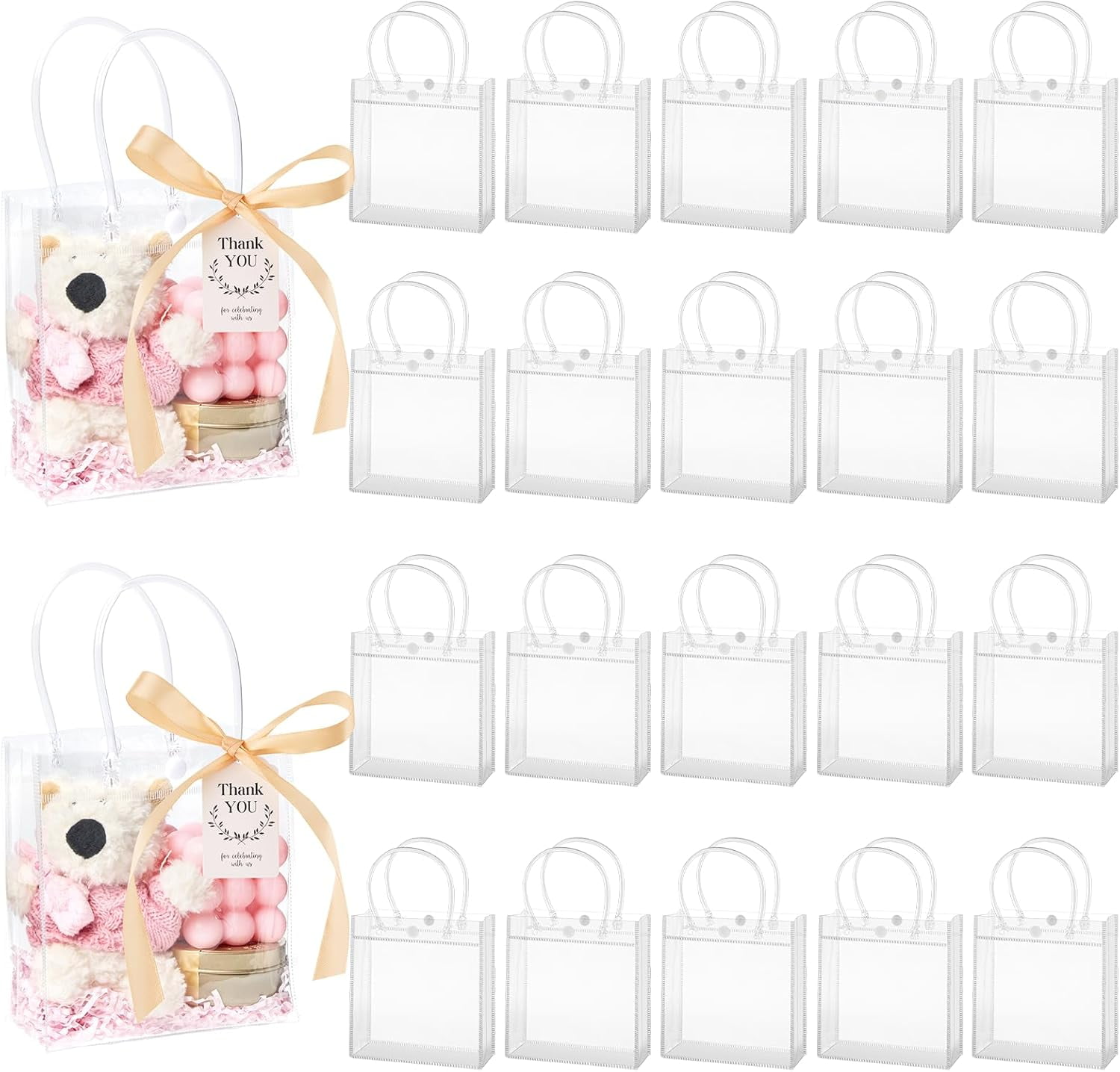 30 Pack Clear Gift Bags with Handles, Reusable Tote Bags with Ribbons
