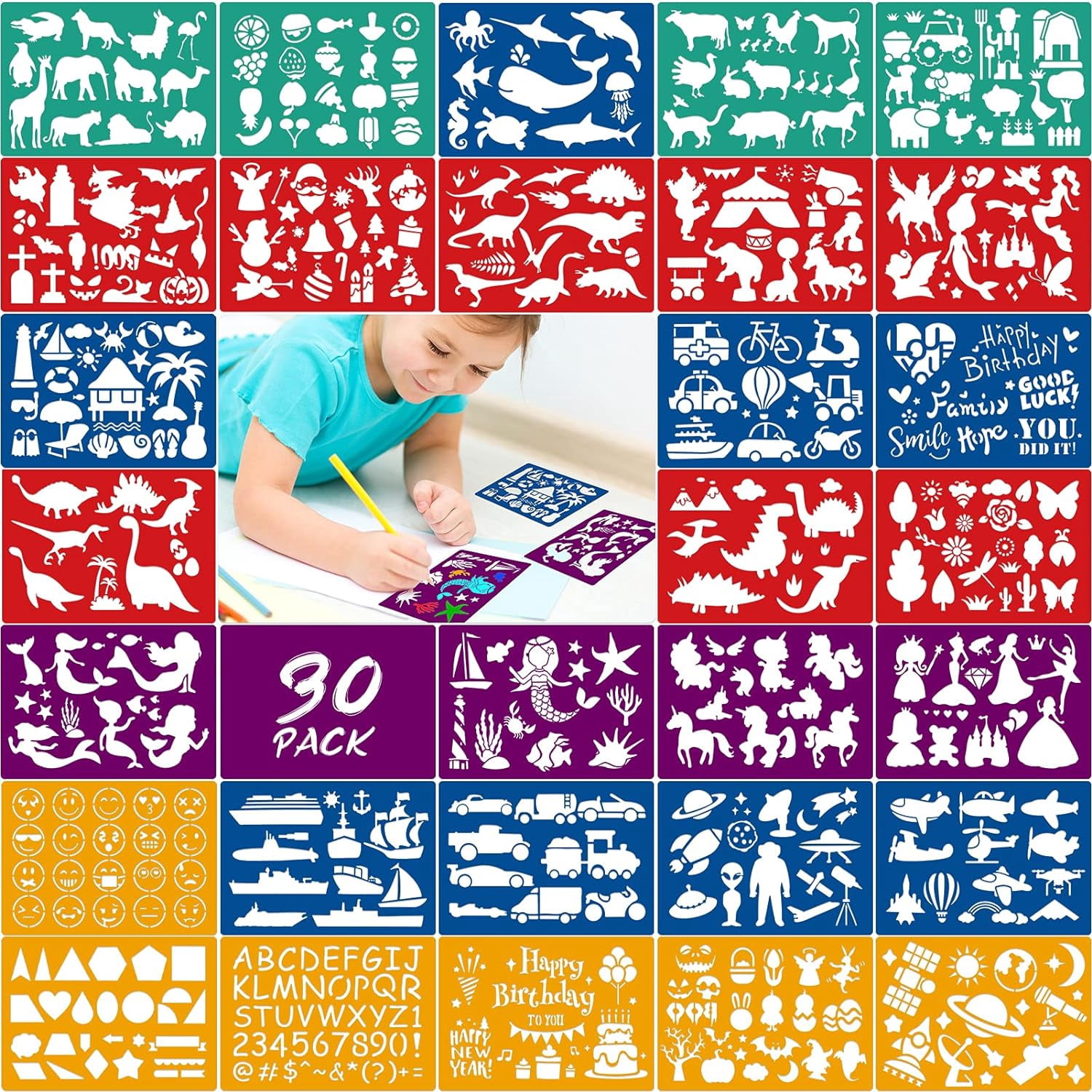 30 Pack Color Drawing Stencil for Kids, Animal Mermaid Dinosaur Shark ...