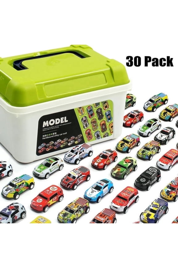 30 Pack Diecast Pull Back Toy Cars with Storage Box, Friction Powered Baby Toy Race Cars Vehicles Party Favor Pinata Fillers Stocking Stuffers Birthday Gifts for Boys Girl Toddlers 2-5 Years Old