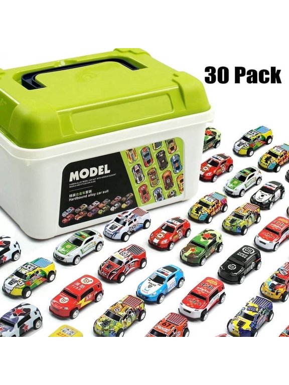 30 pack Diecast Pull Back Toy Cars with Storage Box, Friction Powered Baby Toy Race Cars Vehicles Party Favor Pinata Fillers for 2-5 Years Old