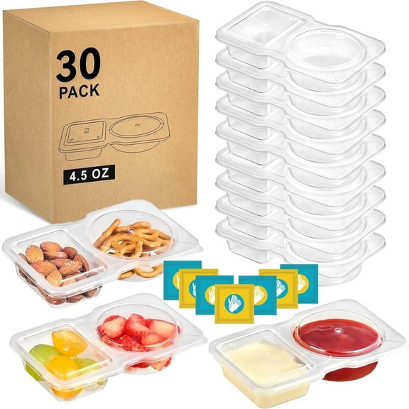 HEYMKGO 30-Pack Dual Compartment Reusable Snack Containers with Lids & Gloves – Leak-Proof Mini Food Storage Boxes for Snacks, Sauces, Fruit, Picnic, Office Lunch