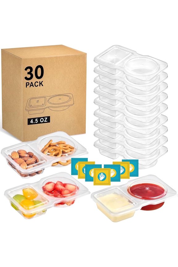 30-Pack Dual Compartment Reusable Snack Containers with Lids & Gloves Leak-Proof Mini Food Storage Boxes for Snacks, Sauces, Fruit, Picnic, Office Lunch