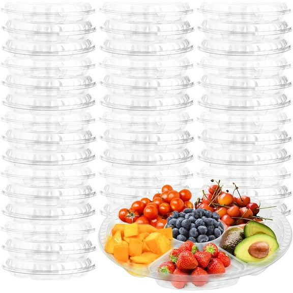 30 Pack Fruit Trays for Serving for Party, 6 Divided Compartment Disposable Party Platters for Vegetable Fruit Snack Nut, Plastic Veggie Tray with Lid for Buffet Catering10.4 Inch (Clear)