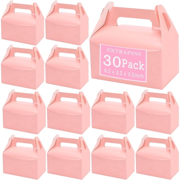 30 Pack Gable Boxes Party Favor Boxes,Gable Paper Gift Boxes with Handles,Pink Candy Boxes Goodie Boxes for Kids Birthday Party Wedding Baby Shower 6.5 x 3.5 x 3.5 Inches(Pink)
