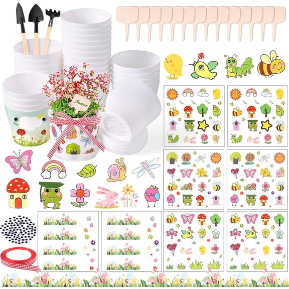 30 Pack Garden Plastic Pot Craft Kit DIY Flower Plant Crafts Nursery Pots with Stickers Flower Planting Growing Kit for Spring Summer Home Classroom School Creative DIY Art Project Activities