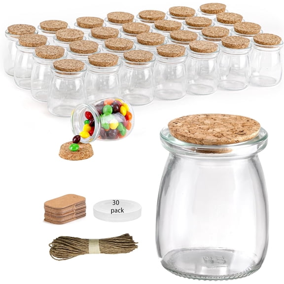 30 Pack Glass Favor Mini Jars, 3.4 oz Small Jars with Cork Lids, Pudding Containers Apothecary, Candle Making Fun, Gift for Candy, Wedding Favors Honey Pot, Label Tags and String