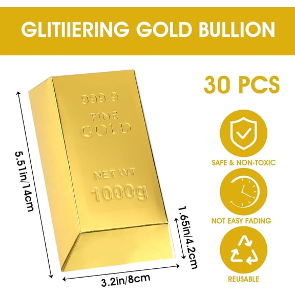 30 Pack Gold Bar Party Favor Boxes, Simulated Foil Golden Treat Boxes Candy Boxes Decorated Boxes, with FINE GOLD 999.9 Embossed Pattern, 6.5x3 Inch Gift Boxes for Candy, Halloween, Christmas