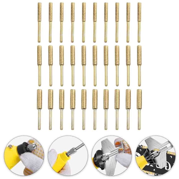 30 Pack Gold Emery Chainsaw Sharpener Bits for Rotary Tools, 4/4.8/5.5mm Grinding Heads for Saw Chain Polishing