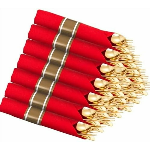 30 Pack Gold Plastic Silverware with Red Napkins,Gold Silverware Disposable,Wrapped Plastic Cutlery Set with Napkin,Pre Rolled Silverware Set Disposable,Christmas Cutlery Suitable for Holiday