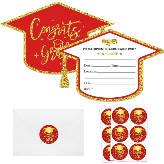 30 Pack Graduation Invitations Cards with Envelopes & Stickers, Red Gold Graduation Hat Shape Party Invites Card Class of 2026 Grads Invite Card for Graduate Party Favors Supplies
