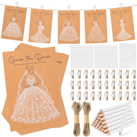 30 Pack Guess The Dress Bridal Shower Game Sets with Pencils, Cards Pearl Stickers & Clips - Fun Wedding Party Favors & Guest Activity Decorations