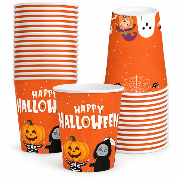 30-Pack Halloween Pumpkin Paper Cups, 9 oz, Orange, Hot and Cold Drinks