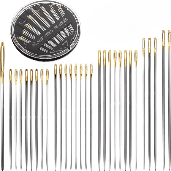 30 pack Hand Sewing Needles, 6 Sizes Large Eye Embroidery Needles for DIY Craft, Large Eye Stitching Needles Metal Sewing Needle Easy to Thread