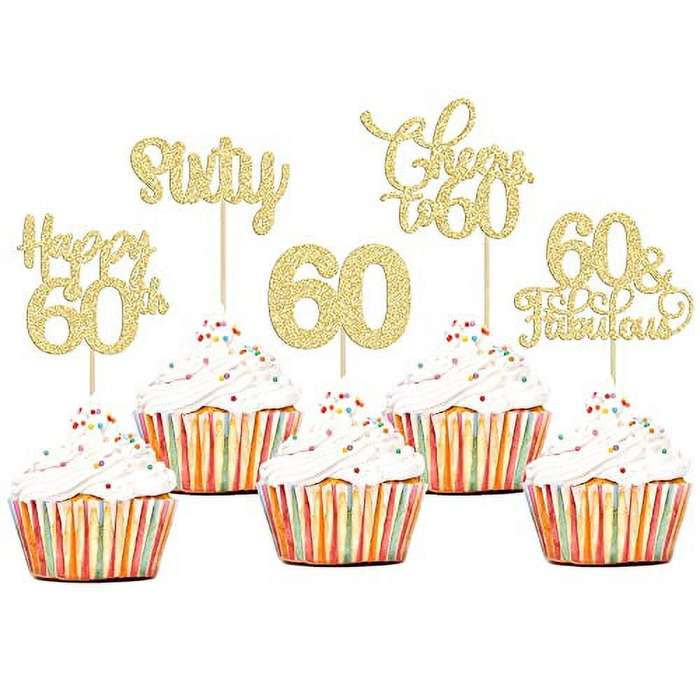 30 Pack Happy 60th .. Birthday Cupcake Toppers Gold .. Glitter Sixty Cheers to .. 60 Years Old Birthday .. Cupcake Picks for 60th .. Birthday Anniversary Party Cake .. Decorations Supplies