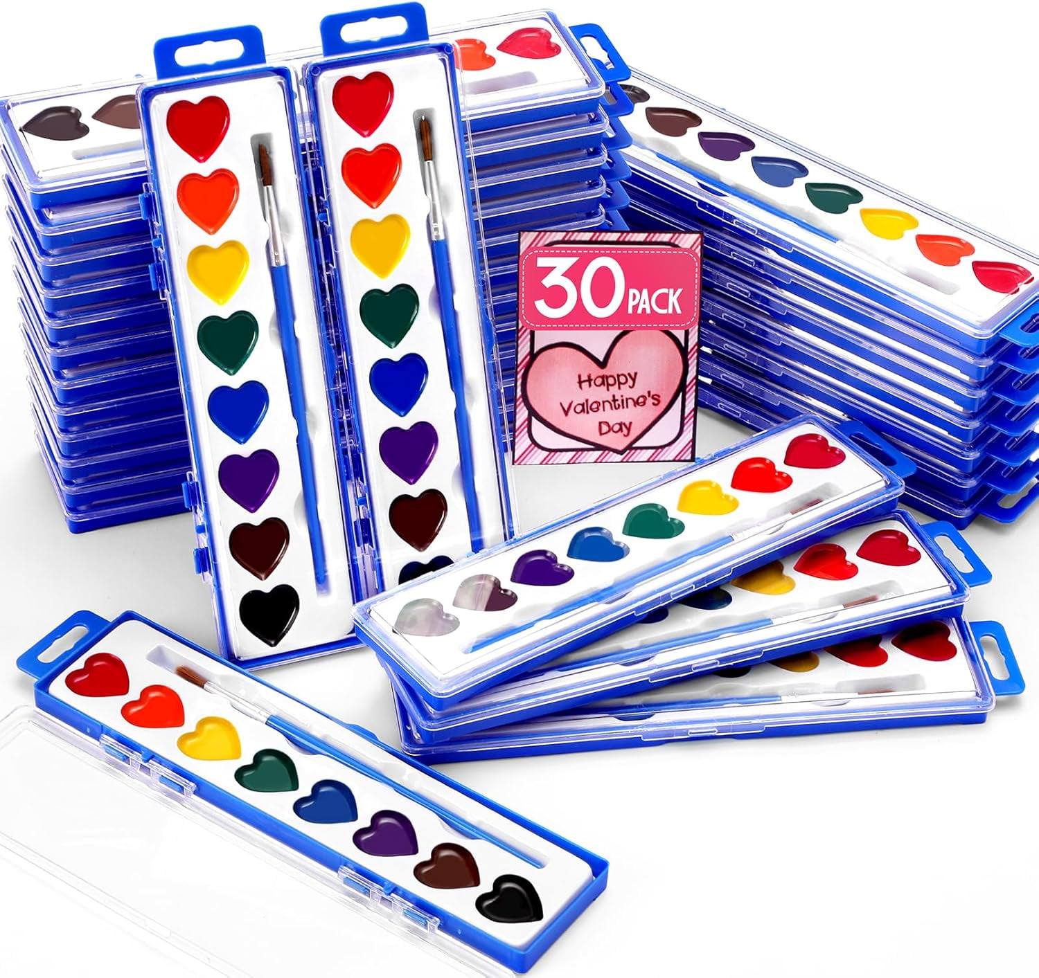 30 Pack Heart Watercolor Paint Set,8 Colors Washable Valentines Water Color Paint Set for Kids with Paintbrush,Watercolor Paint for Prizes Exchange Gifts,Valentine's Day Gifts,Party Favor,Classroom
