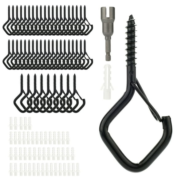 30 Pcs Heavy Duty Metal Hooks for Outdoor Lights - Windproof Screw-in Hangers with Safety Lock Buckle, Black Plant Hooks for Patio, Christmas Decorations, Ceiling String Lights