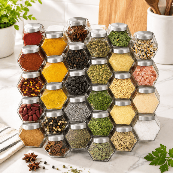 30 Pack Hexagon Glass Spice Jars with Magnetic Lids and Labels