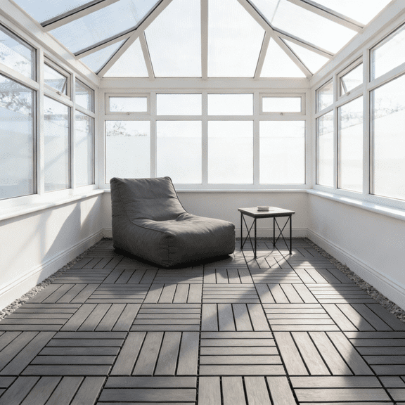 30 Pack Interlocking Deck Tiles 12In Acacia Hardwood Outdoor Flooring Light Gray Striped Pattern Patio Balcony Poolside Garden Waterproof Quick Install Snap Together Deck Tiles Set of 30 Pieces