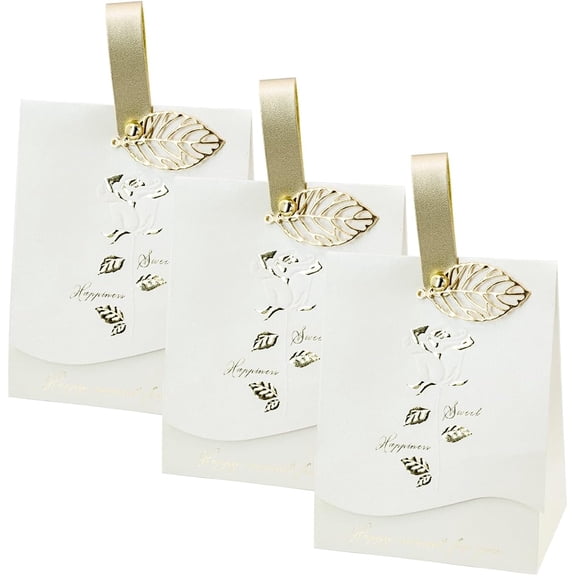 30 Pack Ivory Gift Box with Leather Handle Leaf Charm Embossed Candy Box for Wedding Birthday Party Decor